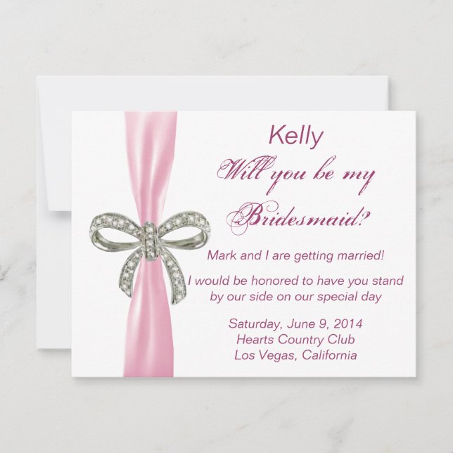 Pink Diamond Bow Wedding Bridesmaid Card (Front)