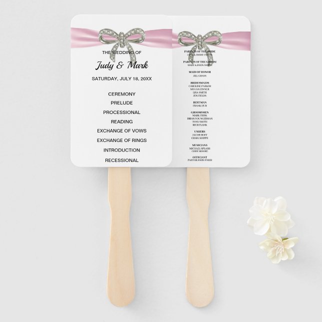 Pink Diamond Bow Wedding Program Hand Fan (Front and Back)