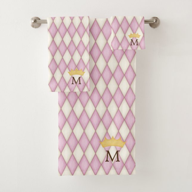 Pink Diamond Check Monogram With Crown Bath Towel Set (Insitu)