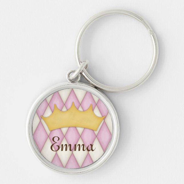 Pink Diamond Check Personalised Name Princess Key Ring (Front)