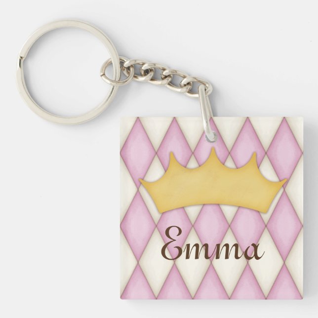 Pink Diamond Check Personalised Name Princess Key Ring (Front)