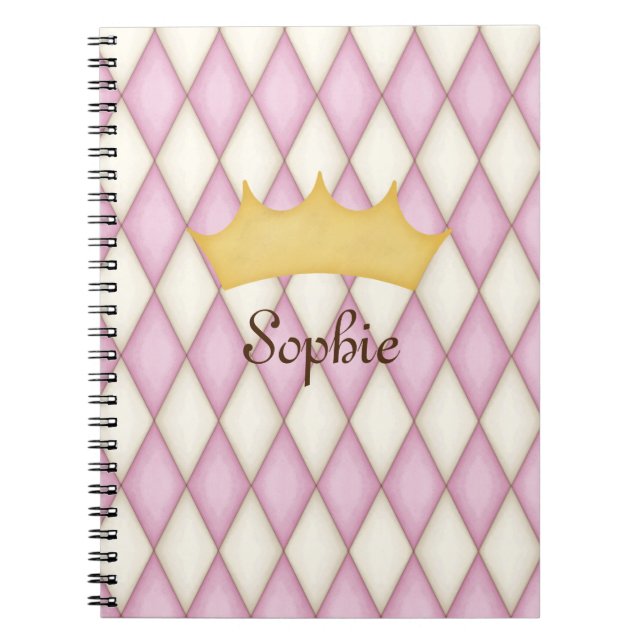 Pink Diamond Check Personalised Name Princess Notebook (Front)