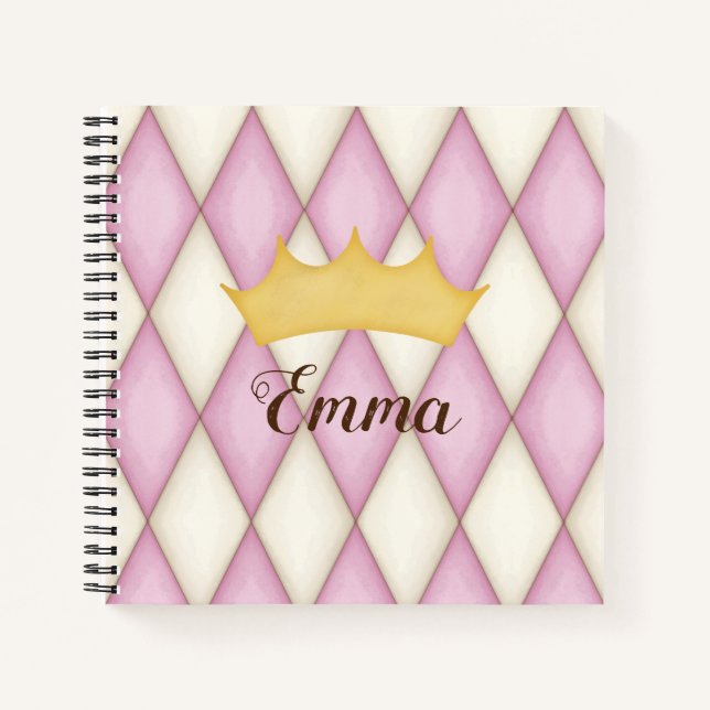 Pink Diamond Check Personalised Name Princess Notebook (Front)