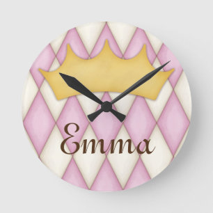 Pink Diamond Check Personalised Name Princess Round Clock
