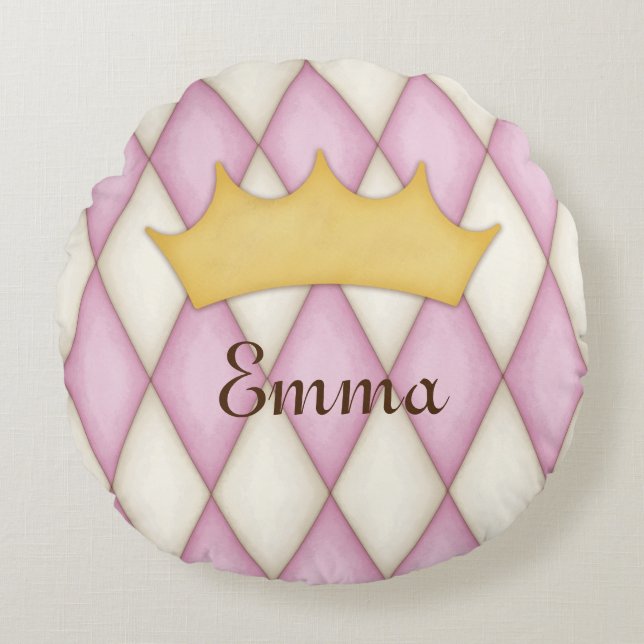 Pink Diamond Check Personalised Name Princess Round Cushion (Front)
