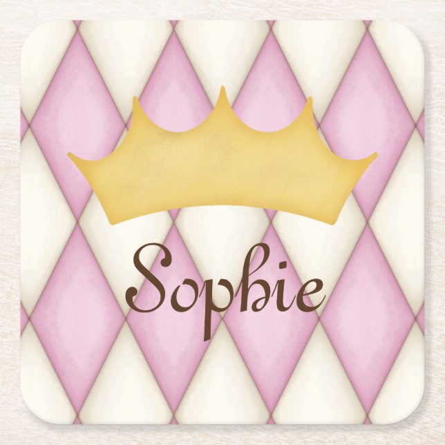 Pink Diamond Check Personalised Name Princess Square Paper Coaster (Front)