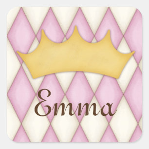 Pink Diamond Check Personalised Name Princess Square Sticker