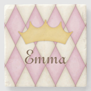 Pink Diamond Check Personalised Name Princess Stone Coaster