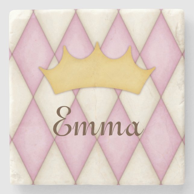 Pink Diamond Check Personalised Name Princess Stone Coaster (Front)