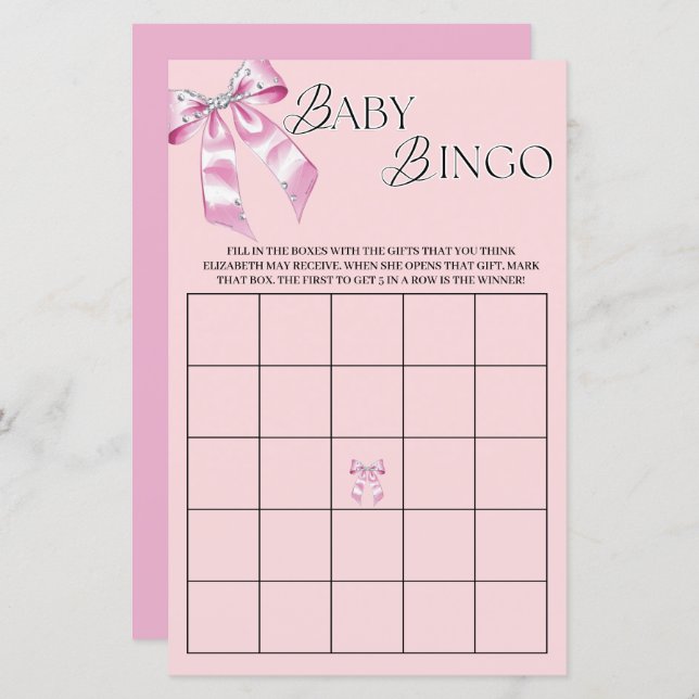 Pink Diamond Coquette Bow Baby Shower Bingo  (Front/Back)