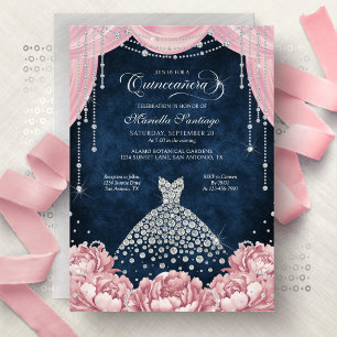 Pink Diamond Floral Quinceanera Invitation