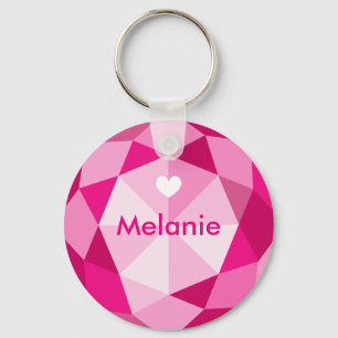 Pink diamond gem stone custom name button key ring