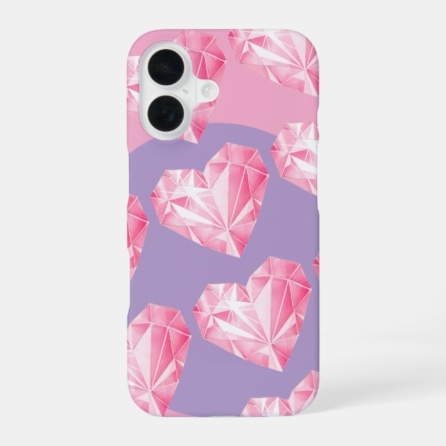 Pink Diamond Heart Pattern  – Cute & Stylish iPhone 16 Case (Back)