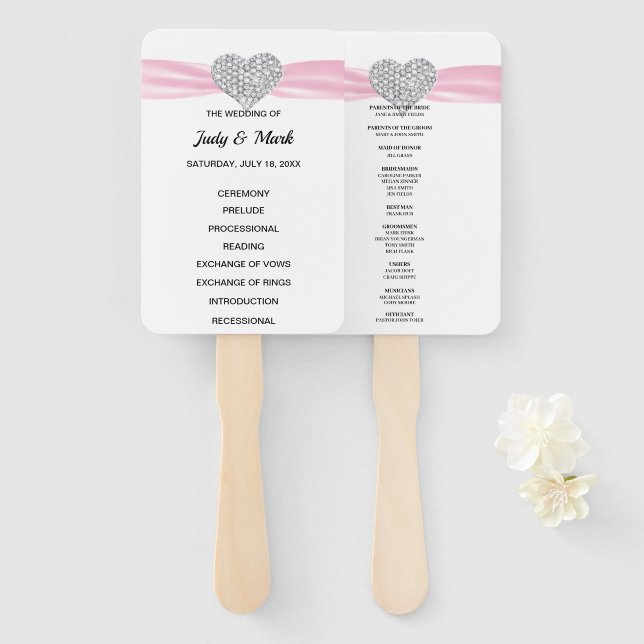 Pink Diamond Heart Wedding Program Hand Fan (Front and Back)