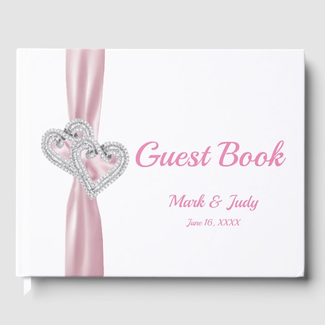 Pink Diamond Hearts Wedding Guestbook (Front)
