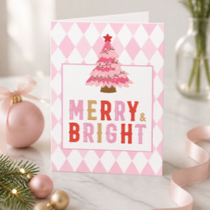Pink Diamond Pattern Merry and Bright Small Holiday Card