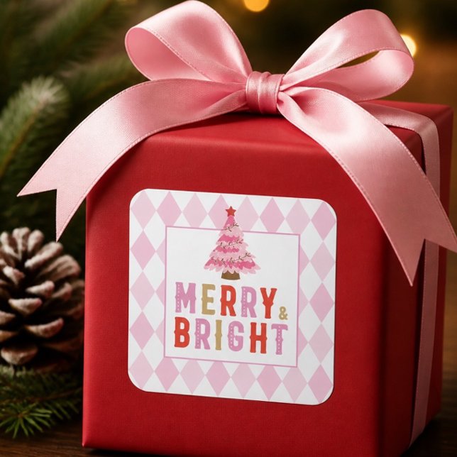Pink Diamond Pattern Merry and Bright Square Sticker (Creator Uploaded)
