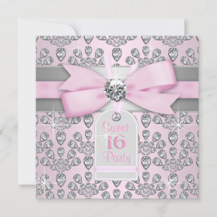 Pink Diamond Pink and Grey Sweet 16 Birthday Invitation