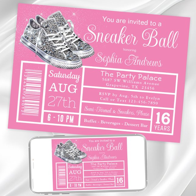 Pink Diamond Sneaker Ball Birthday Party Invitation (Pink sneaker ball invitation. Instant download and printed invitations available.)