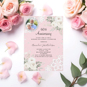 Pink diamonds florals 60th wedding anniversary invitation