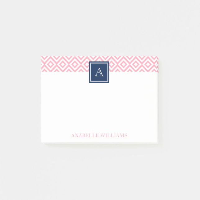 Pink Diamonds Pattern and Navy Monogram Post-it Notes (Front)