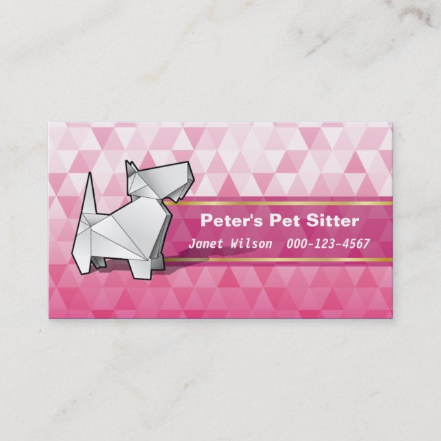 Pink Diamonds Pattern Origami Dog Pet Sitting Business Card (Front)