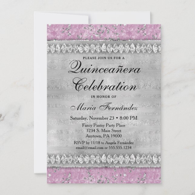 Pink Diamonds Quinceañera Invitation Velvet Silver (Front)
