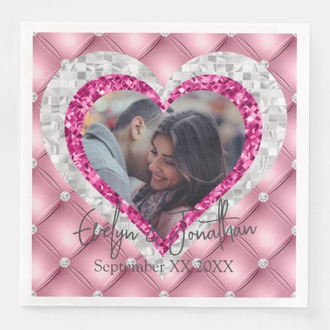Pink Diamonds Silver Heart Frame Custom Photo Napkin (Front)