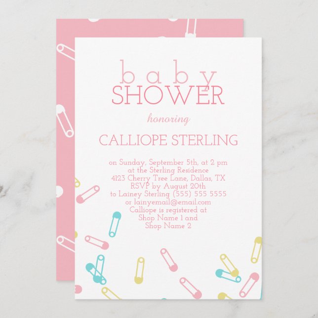 Pink Diaper Pins Pastel Baby Shower Invitation (Front/Back)