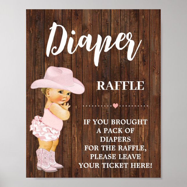 Pink Diaper Raffle Cowgirl Baby Shower Sign (Front)