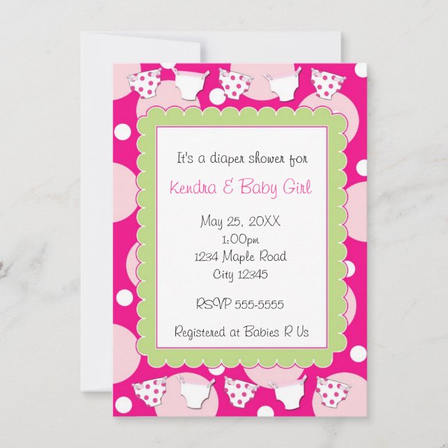 Pink diaper shower baby girl invitation (Front)