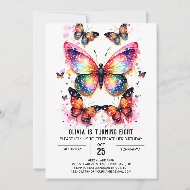 Pink Digital Butterfly Girl Birthday Invitation (Front)