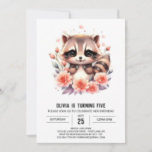  Pink Digital Racoon Girl Birthday Invitation