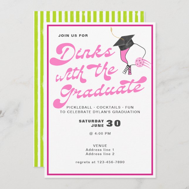 Pink Dinks with the Graduate Pickleball Graduation Invitation (Front/Back)