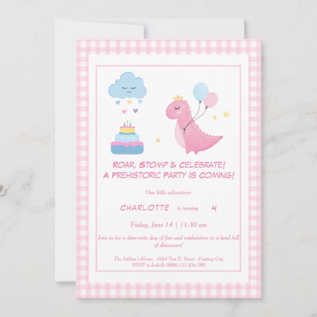 Pink Dino-Mite Birthday Invitation  (Front)