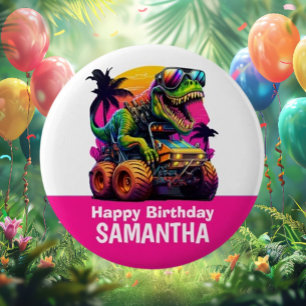 PINK Dino-Mite MONSTER TRUCK Birthday Party 6 Cm Round Badge