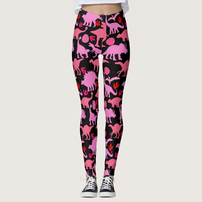 Pink Dino Pattern Black BG Leggings (Front)