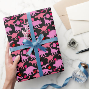 Pink Dino Pattern Black BG Wrapping Paper