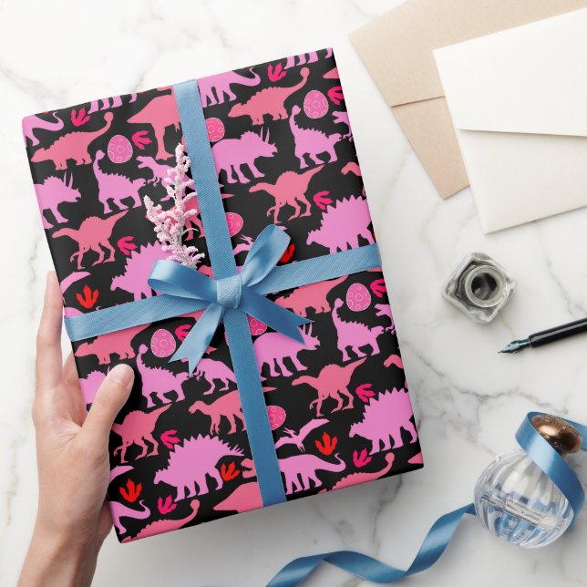 Pink Dino Pattern Black BG Wrapping Paper (Gifting)