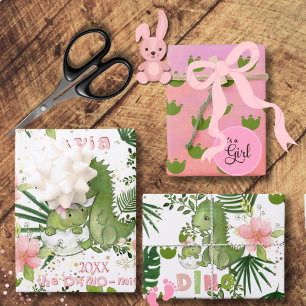 Pink Dino & Tropical Leaves Custom Gift Wrap