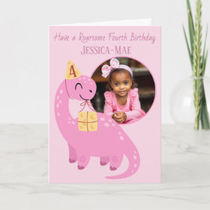 Pink Dinosaur 4th Birthday Card