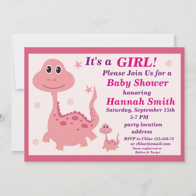 Pink dinosaur baby shower invitation (Front)