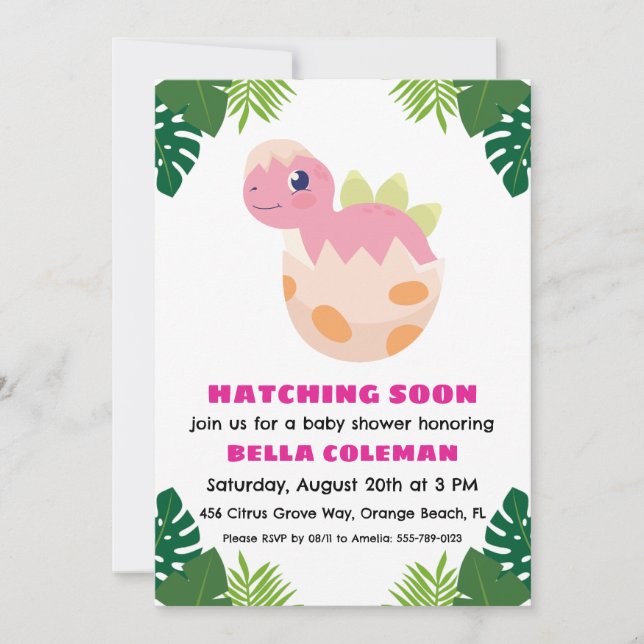 pink dinosaur baby shower invitations (Front)