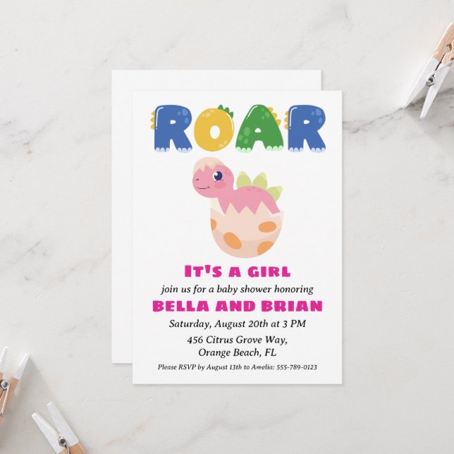 pink dinosaur baby shower invitations (Front/Back In Situ)