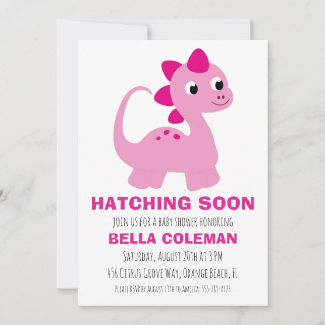 pink dinosaur baby shower invitations (Front)