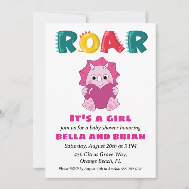 pink dinosaur baby shower invitations (Front)