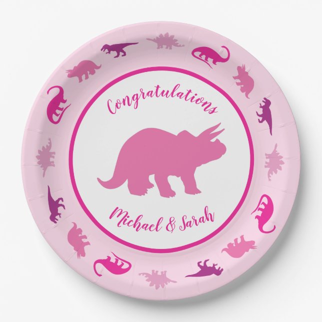 Pink Dinosaur Baby Shower Paper Plate (Front)
