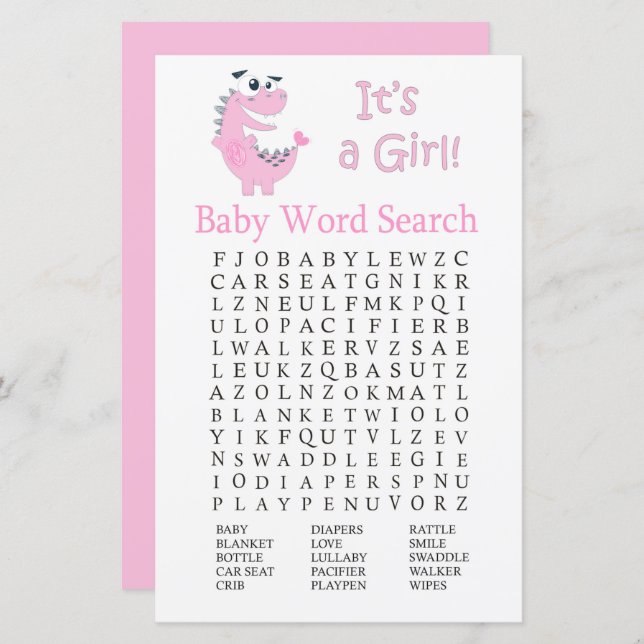 Pink Dinosaur Baby Shower Word Search Game (Front/Back)