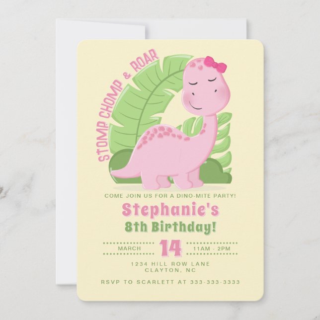 Pink Dinosaur Birthday Invitation (Front)