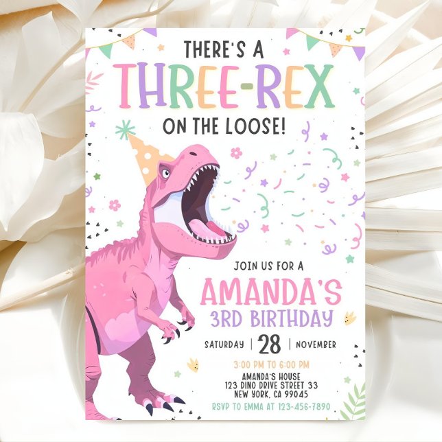 Pink Dinosaur Birthday Invitation Editable Three 3 (Creator Uploaded)